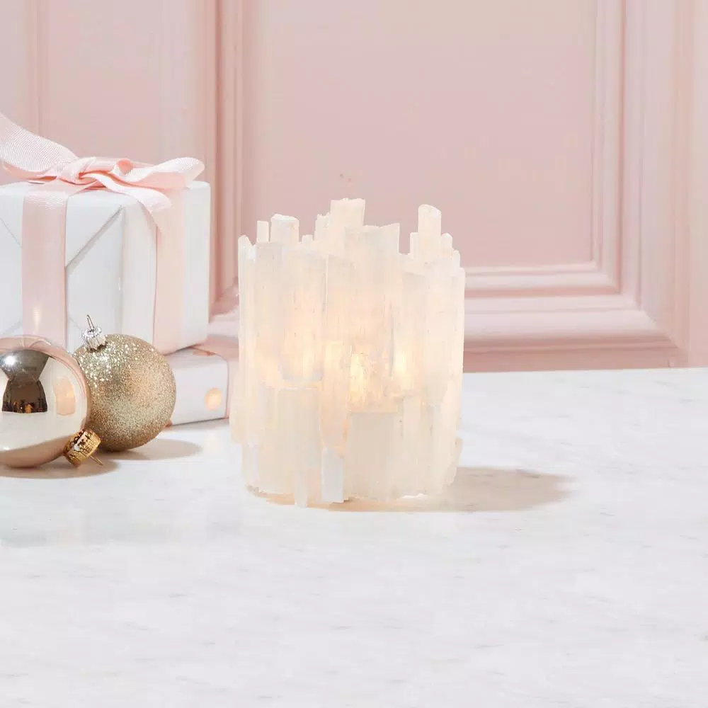 Two's Company Selenite Translucent White Stone Candle Holder with Glass Insert