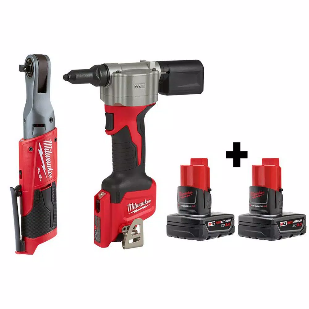 Milwaukee M12 FUEL 12V Cordless 3/8 in. Ratchet and Rivet Tool Combo Kit with (2) 3.0 Ah Batteries