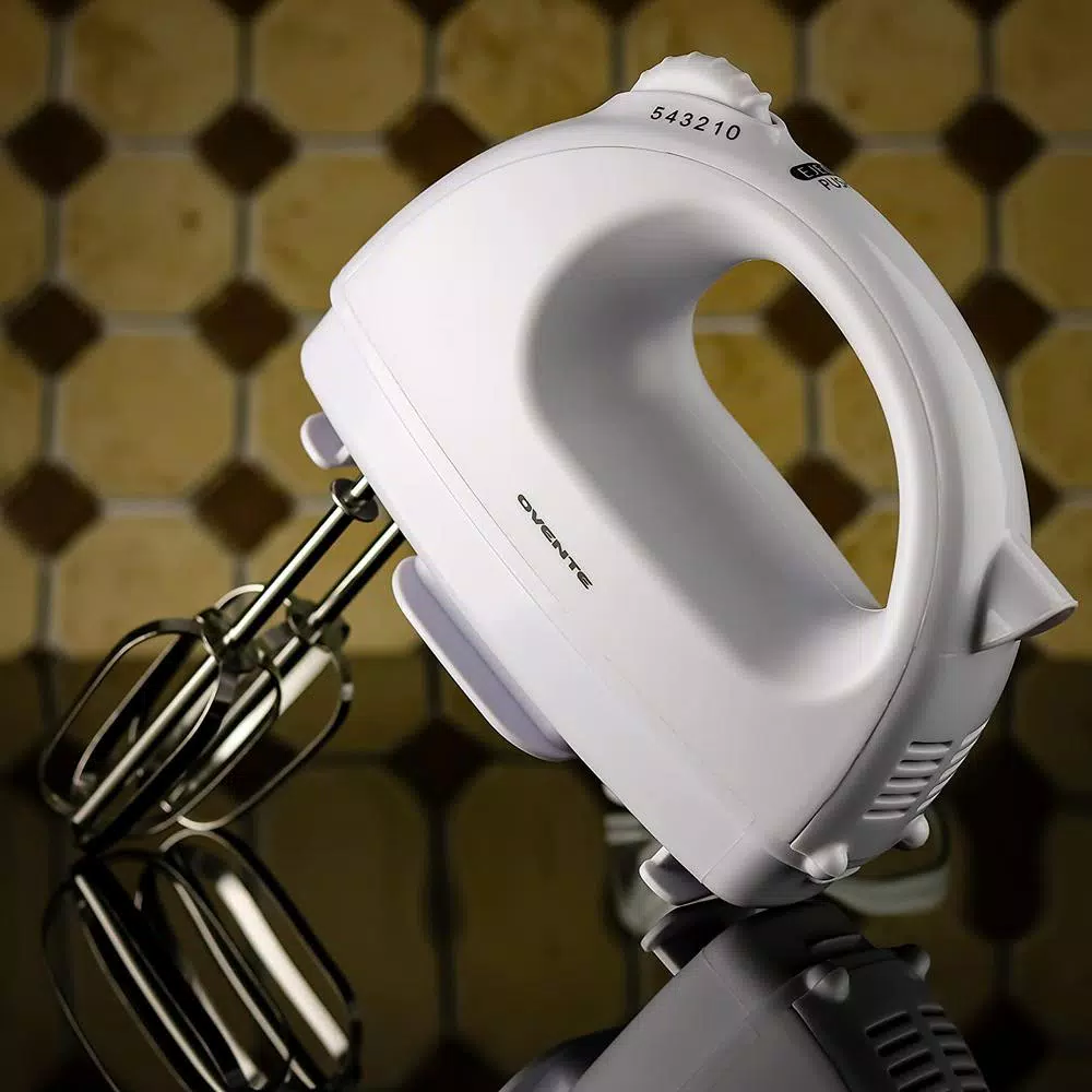 Ovente HM161 5-Speed 150W Electric Hand Mixer with Chrome Beaters and Snap-On Storage Case, White