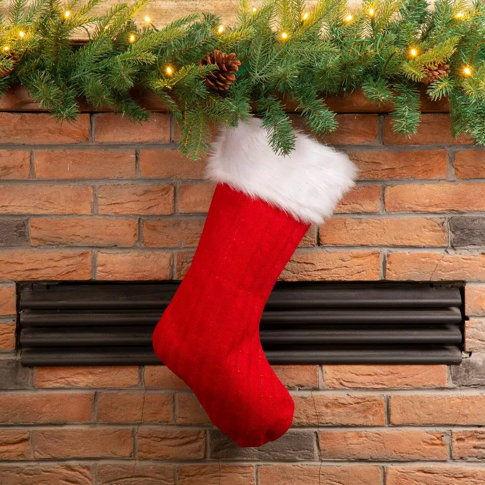 Glitzhome 20 in. Red Knitted Christmas Stocking with Faux Fur Cuff