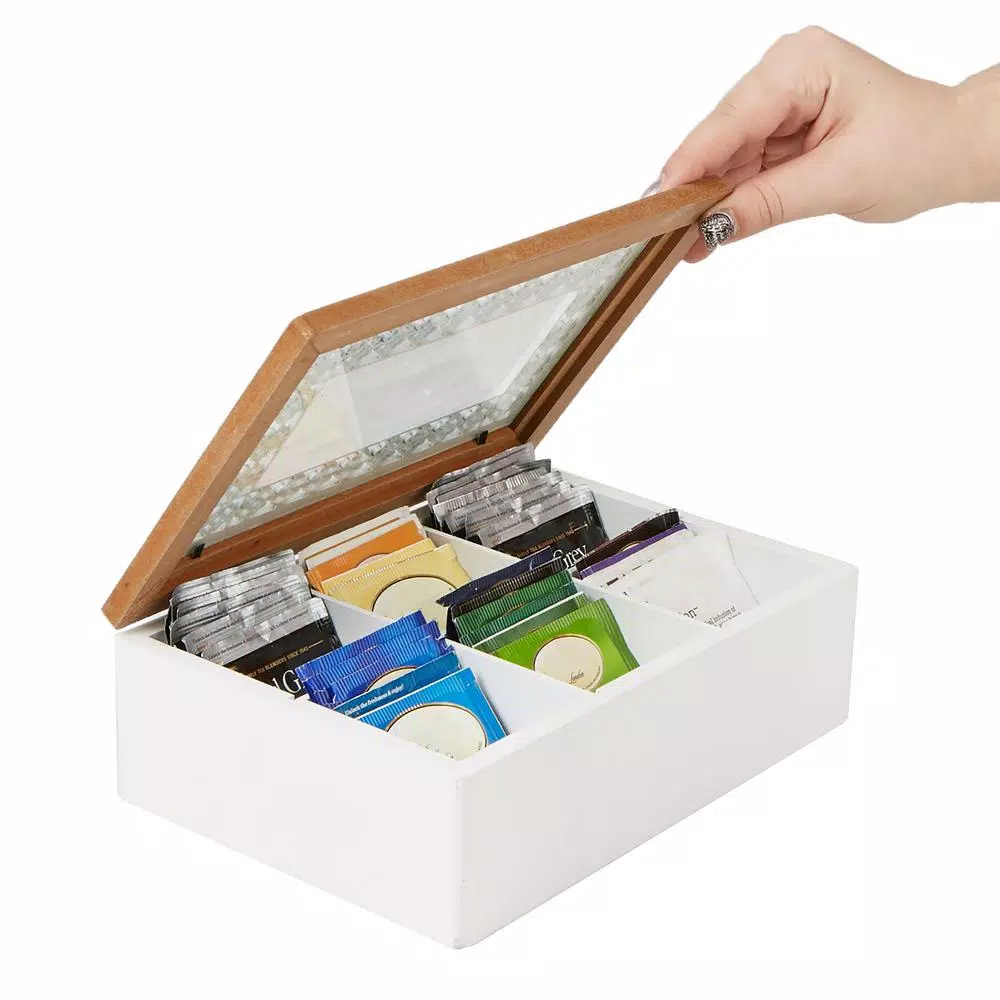 Mind Reader Brown Wood Pattern Tea Box Organizer with Glass Window