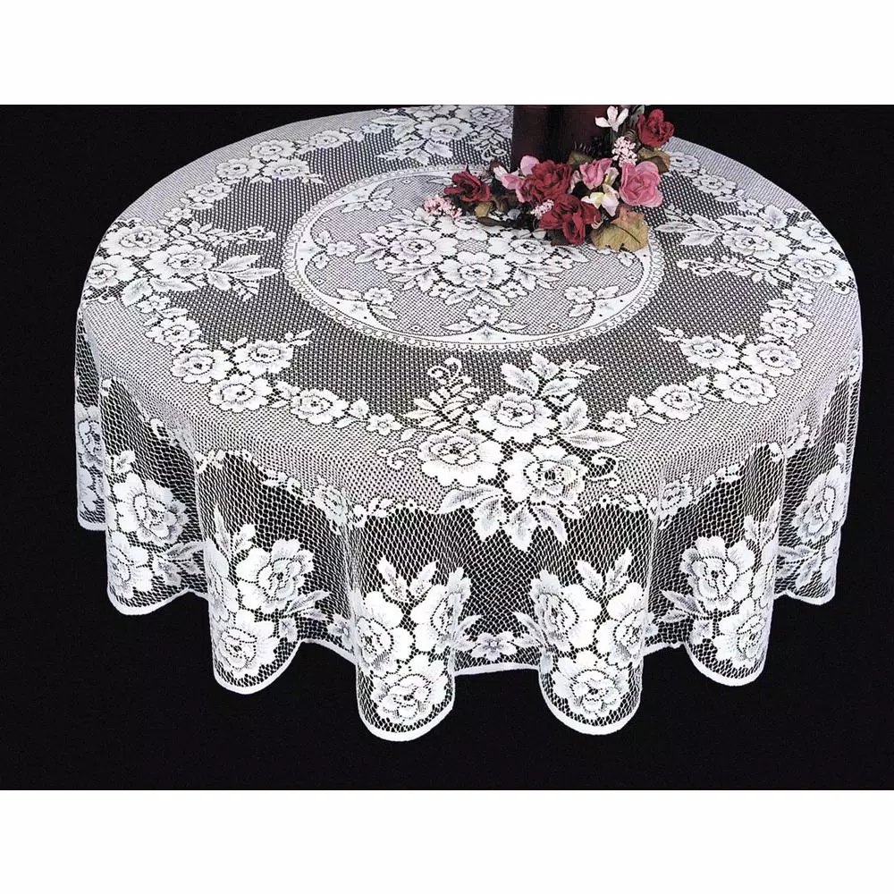 Heritage Lace Victorian Rose White Floral Polyester Round Tablecloth