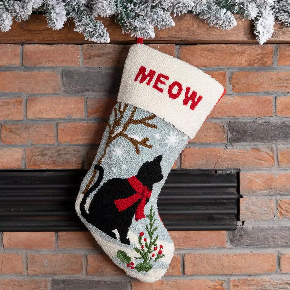 Glitzhome Handmade Hooked Cat Christmas Stocking, 20 in. Holiday Decor