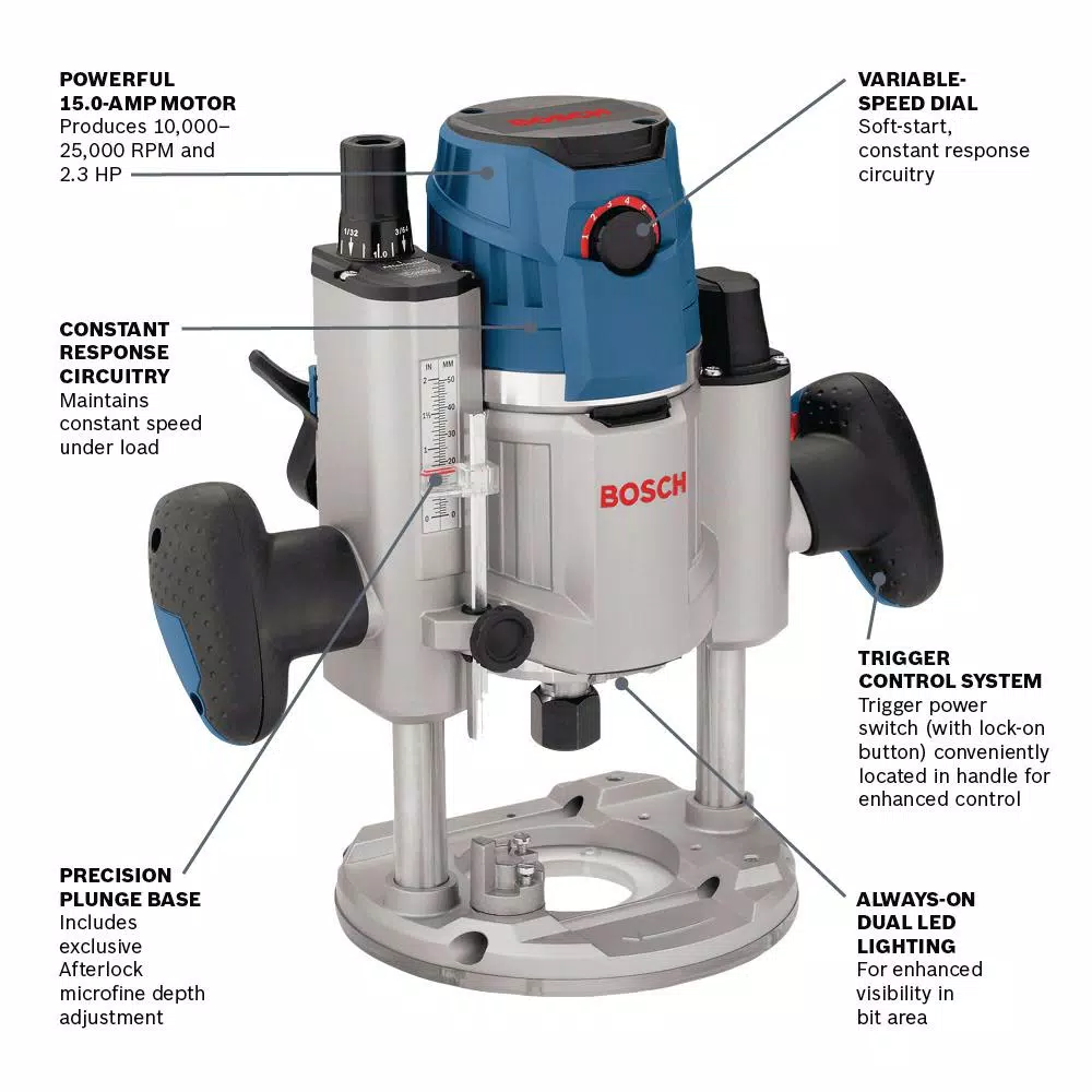 Bosch 15 Amp 2.3 HP Electronic Variable-Speed Plunge Base Router with LED Light