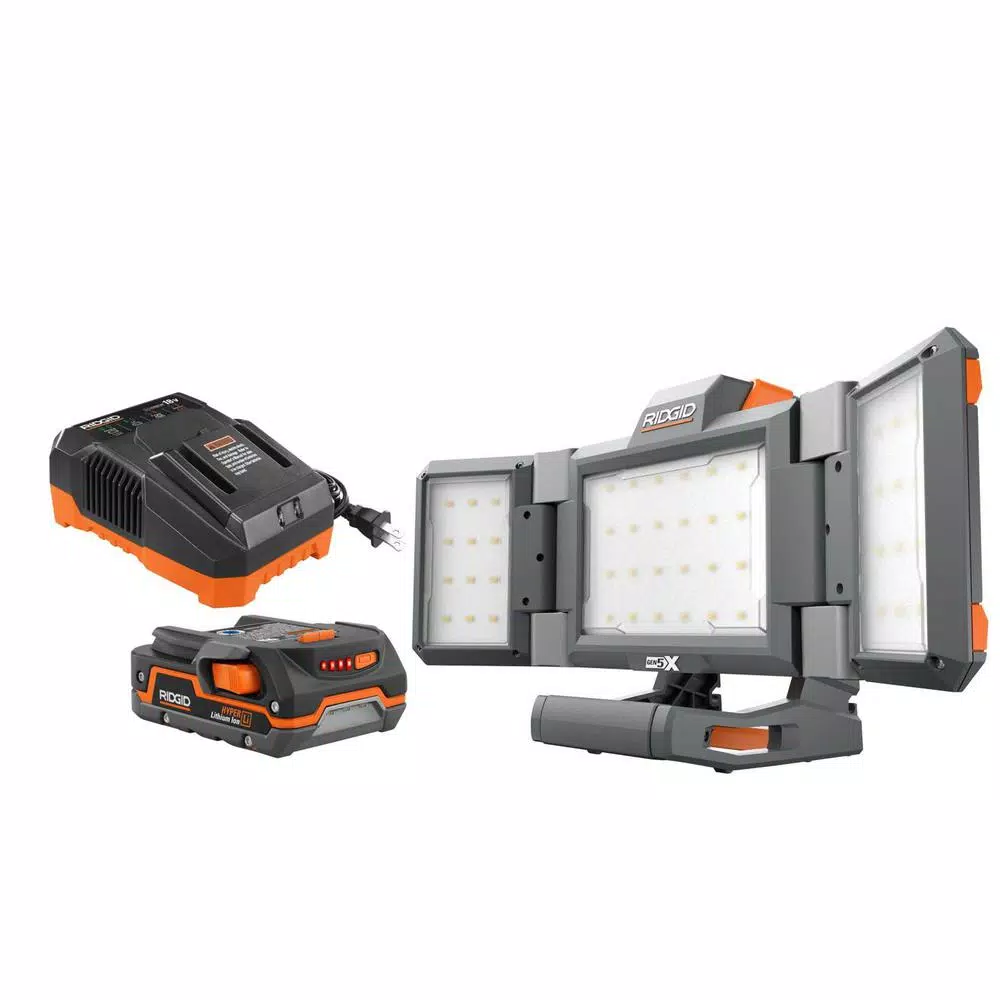 RIDGID 18V Cordless Hybrid Folding Panel Light Kit with 1.5 Ah Battery and Charger, 2500 Lumens