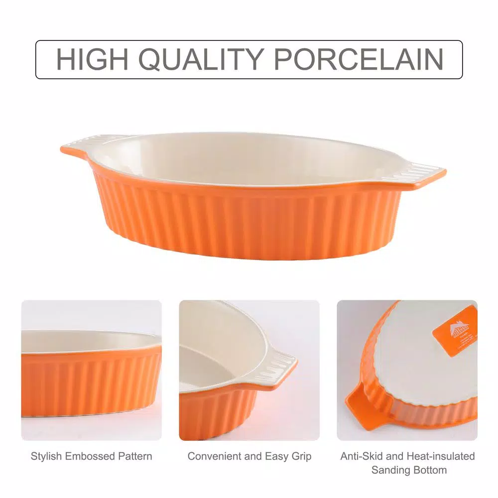 MALACASA 2-Piece Orange Oval Porcelain Bakeware Set, 12.75 in. and 14.5 in. Ceramic Baking Pans