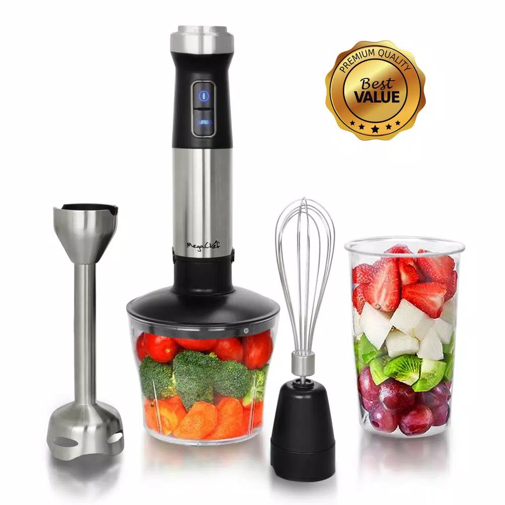 Megachef 4-in-1 Stainless Steel Immersion Blender Set with Chopper and Whisk, 300W