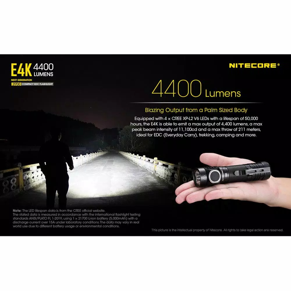 NITECORE E4K Tactical EDC Flashlight, 4400 Lumens, USB-C Rechargeable, Waterproof & Impact Resistant