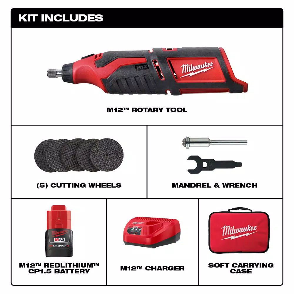 Milwaukee M12 12V Lithium-Ion Cordless Rotary Tool Kit with 1.5Ah Battery, Charger, and Bag