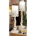 LITTON LANE 14 in. Distressed Ivory Iron Pillar Candle Holders with Filigree Design (Set of 2) thumbnail 7
