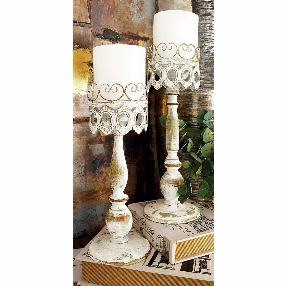 LITTON LANE 14 in. Distressed Ivory Iron Pillar Candle Holders with Filigree Design (Set of 2)