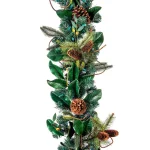 Village Lighting Company 9 ft. Pre-Lit LED Magnolia Leaf Garland with Pinecones and Warm White Lights thumbnail 2