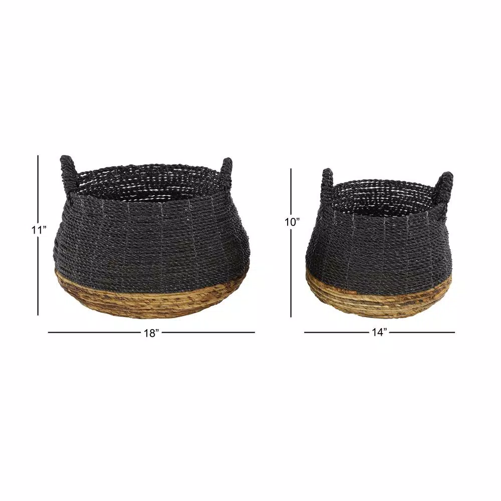 LITTON LANE Round Banana Leaf and Polypropylene Wicker Storage Baskets with Handles, Set of 2