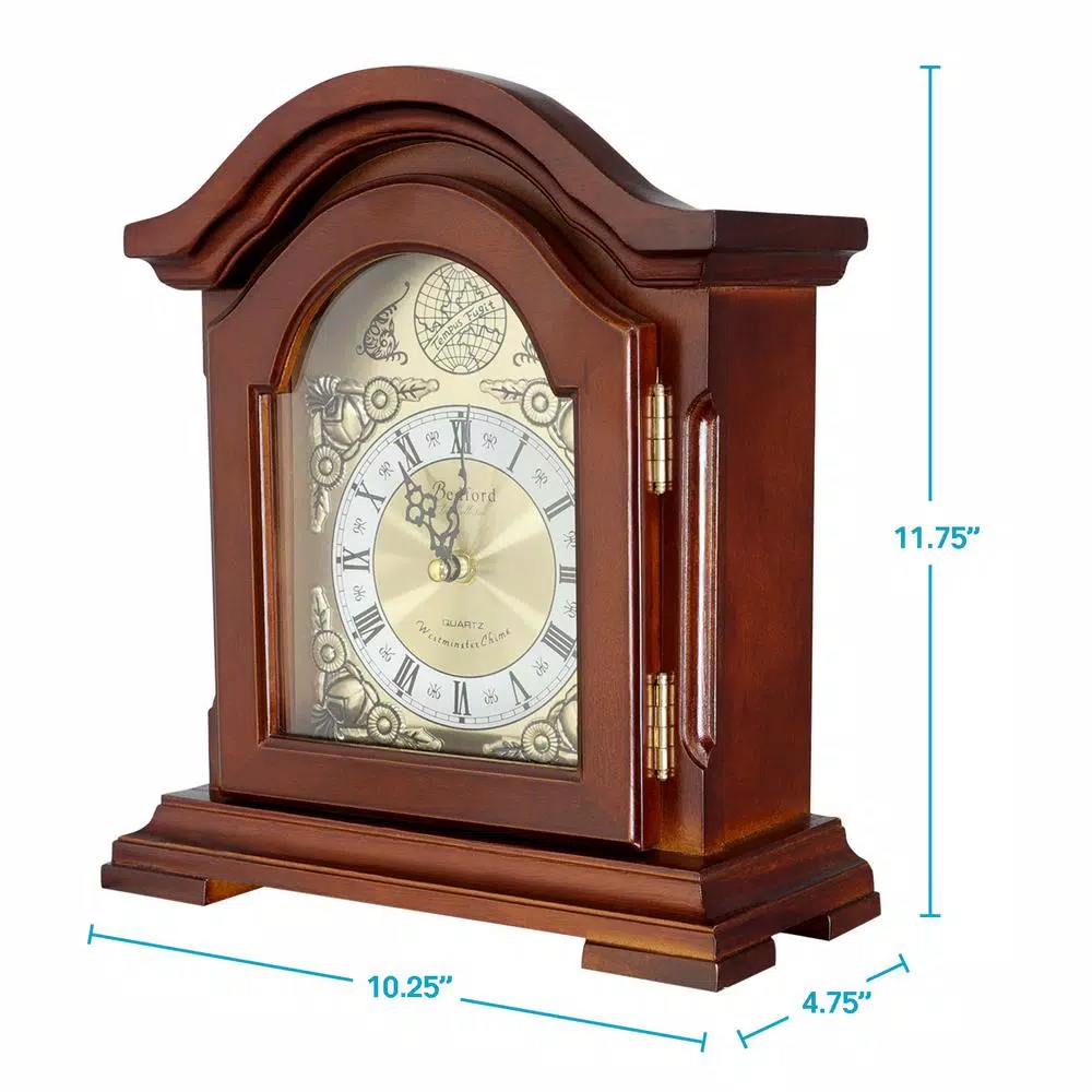 Bedford Clock Collection Redwood Mantel Clock with Chimes, Classic Wood Case with Roman Numeral Dial