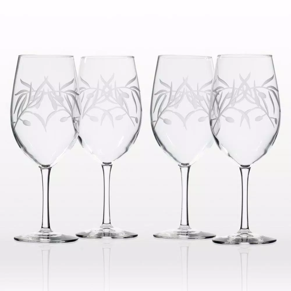 Rolf Glass Olive Branch 18 oz. All Purpose Wine Glass Set of 4 - Diamond-Wheel Engraved