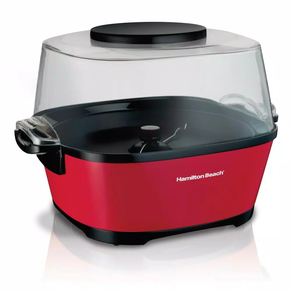 Hamilton Beach Hot Oil Popcorn Popper with Motorized Stirring Arm and Butter Well - Red