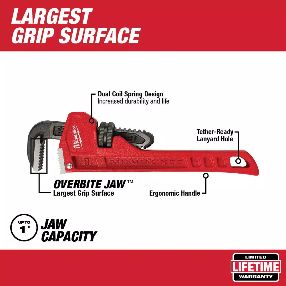 Milwaukee 8 in. Steel Pipe Wrench with Overbite Jaw Design