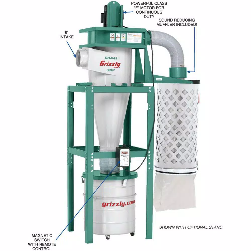 Grizzly Industrial 3 HP Cyclone Dust Collector with 55 Gal. Steel Drum and BIA Certified Filter