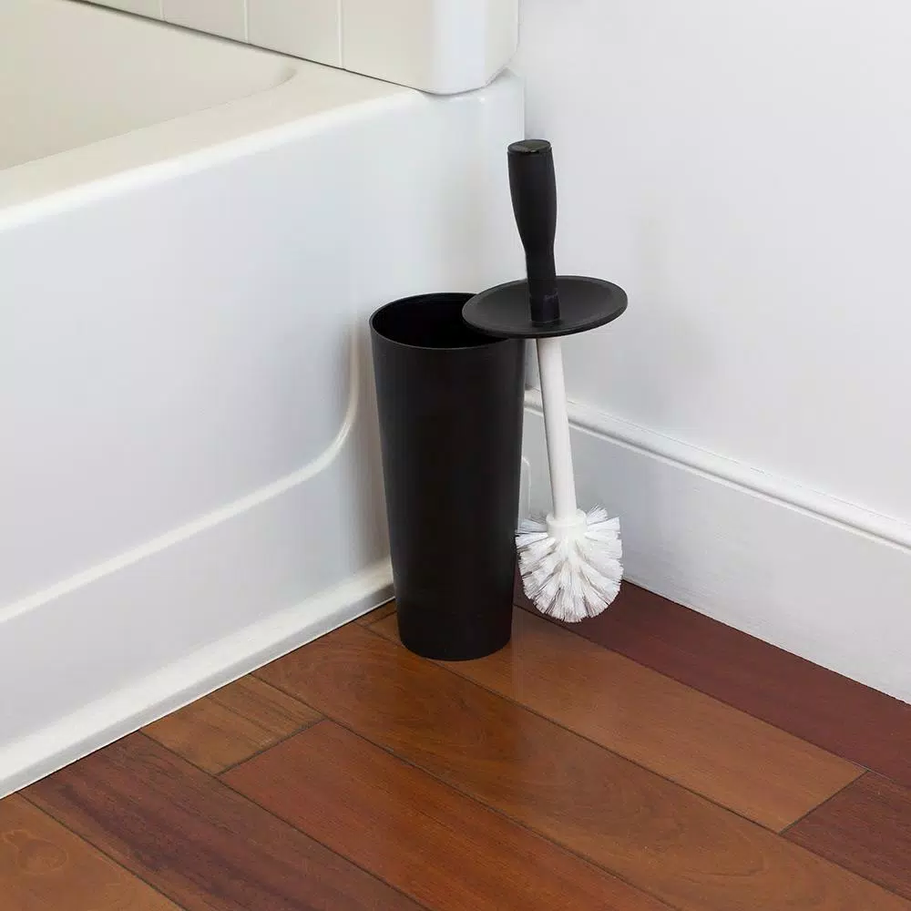 Home Basics Black and White Plastic Toilet Brush and Holder Set with Nylon Bristles