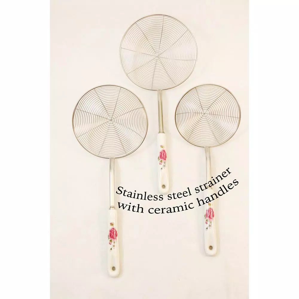 ExcelSteel 6.25 in. Stainless Steel Wire Strainer with Ceramic Rose Handle and Hanging Hook