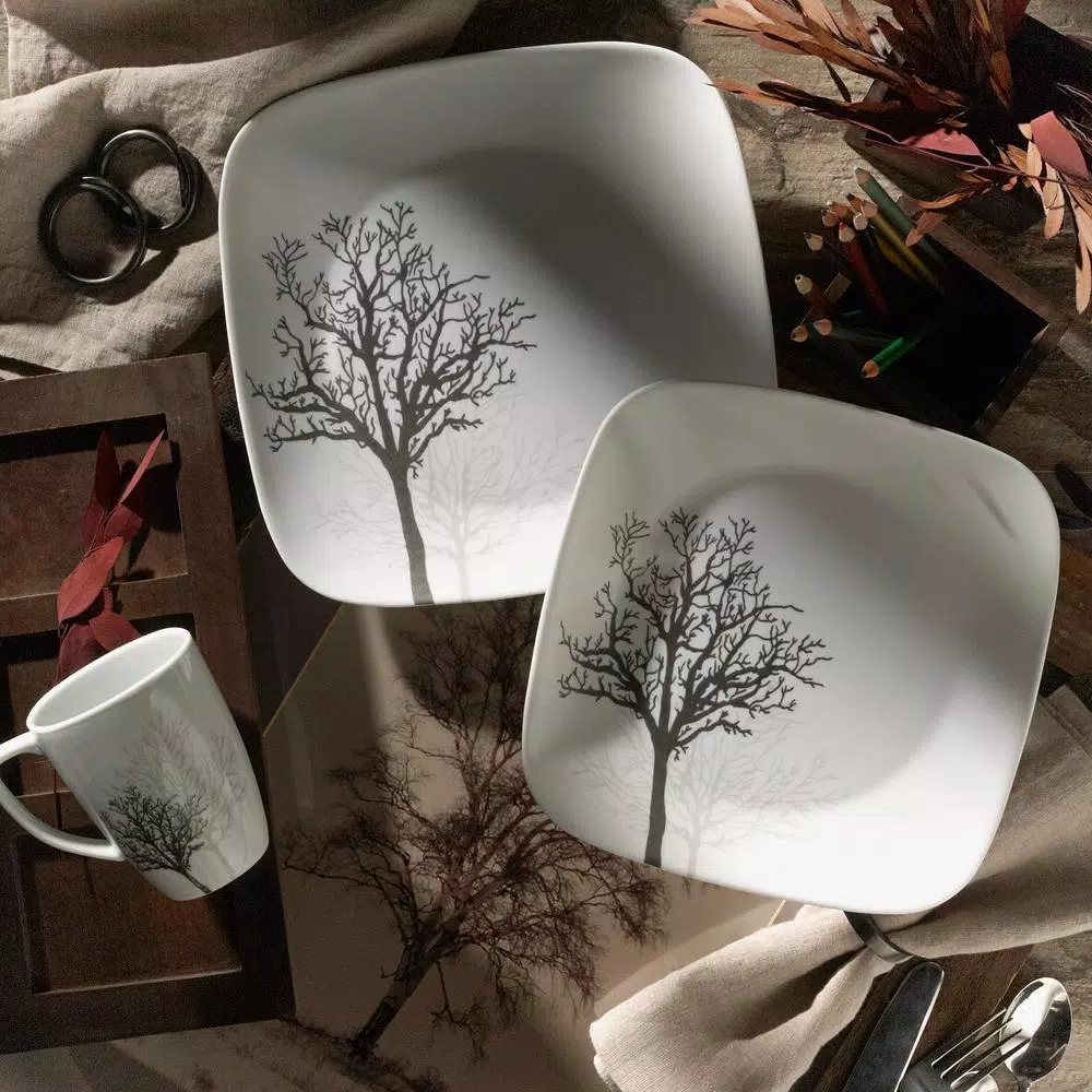 Corelle Square 16-Piece Black Trees Glass Dinnerware Set, Service for 4