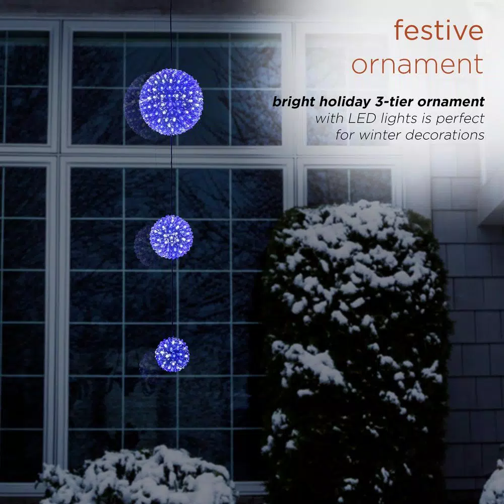 Alpine Corporation 37 in. 3-Tier Hanging Christmas Ornament with 350 Blue and White Chasing LED Lights