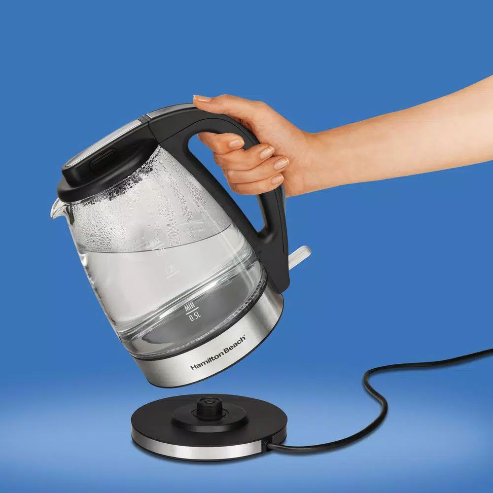 Hamilton Beach 1.7 Liter Glass Electric Kettle, 1500W Rapid Boil with Blue Illumination