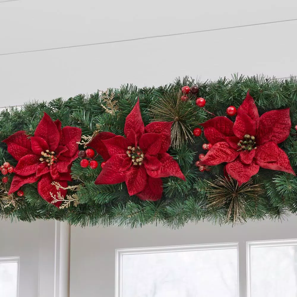 Home Accents Holiday Home Holiday Accents 17 ft. Burgundy Poinsettia Mixed Pine Garland with Berries and Gold Glitter Cedar