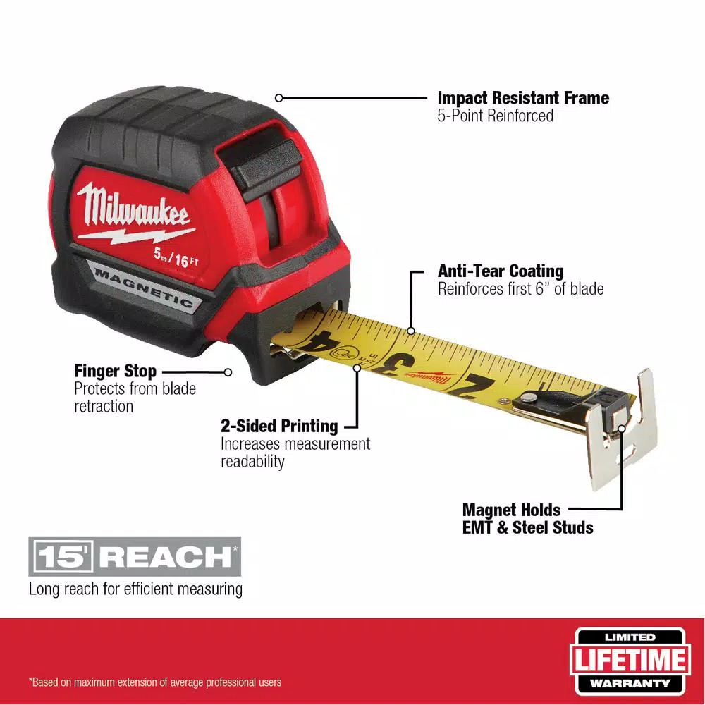 Milwaukee 16 ft. Compact Magnetic Tape Measure with 15 ft. Reach