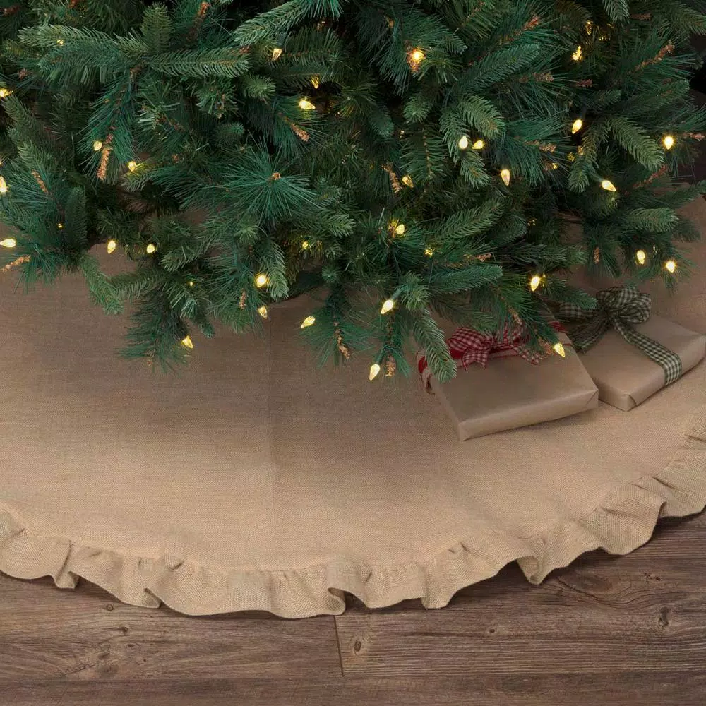 VHC Brands 55 in. Jute Burlap Natural Tan Rustic Holiday Tree Skirt with Flannel Lining