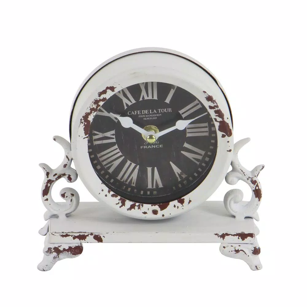LITTON LANE 7 in. Burgundy Red and Mint Green Round Table Clocks with Scrollwork Base, Set of 2