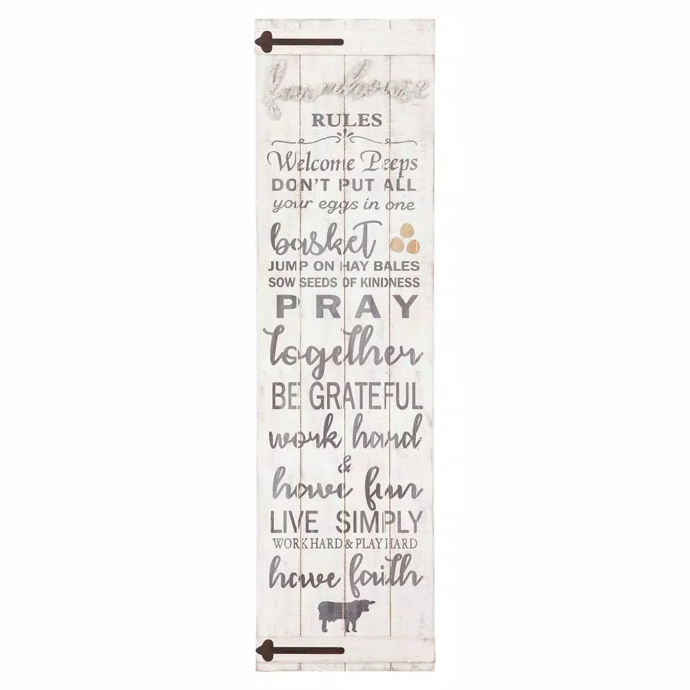 Pinnacle Patton Wall Decor Farmhouse Rules Rustic White Wood Plank Barn Door Sign, 47.5 x 13.5 in.