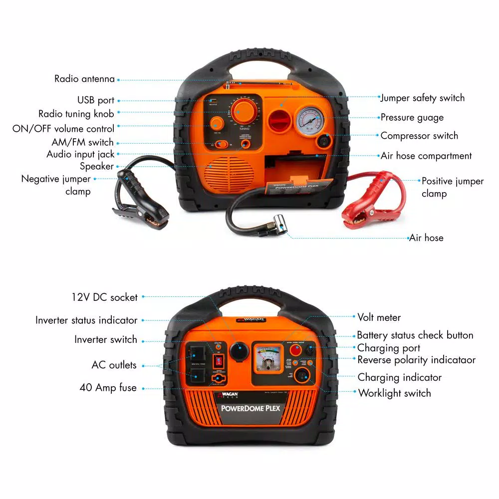 Wagan Tech Wagan Power Dome PLEX 1000 Peak Amp Jump Starter with 260 PSI Air Compressor & 800W Power Inverter