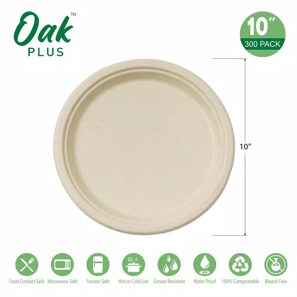 Unbranded 10 in. Natural Sugarcane Plates, Eco-Friendly & Compostable (300 Pack)