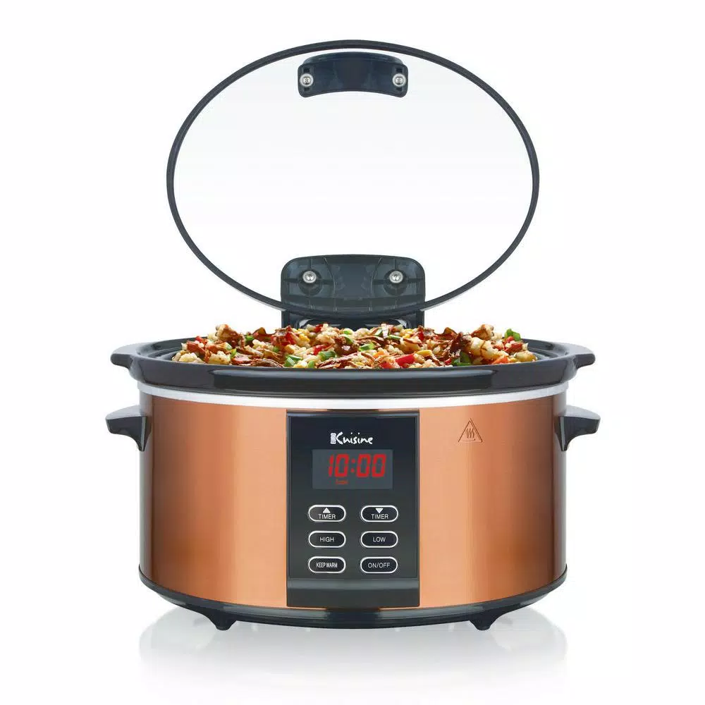 Euro Cuisine 6 Qt. Copper Electric Digital Slow Cooker with Programmable Timer and Hinged Glass Lid