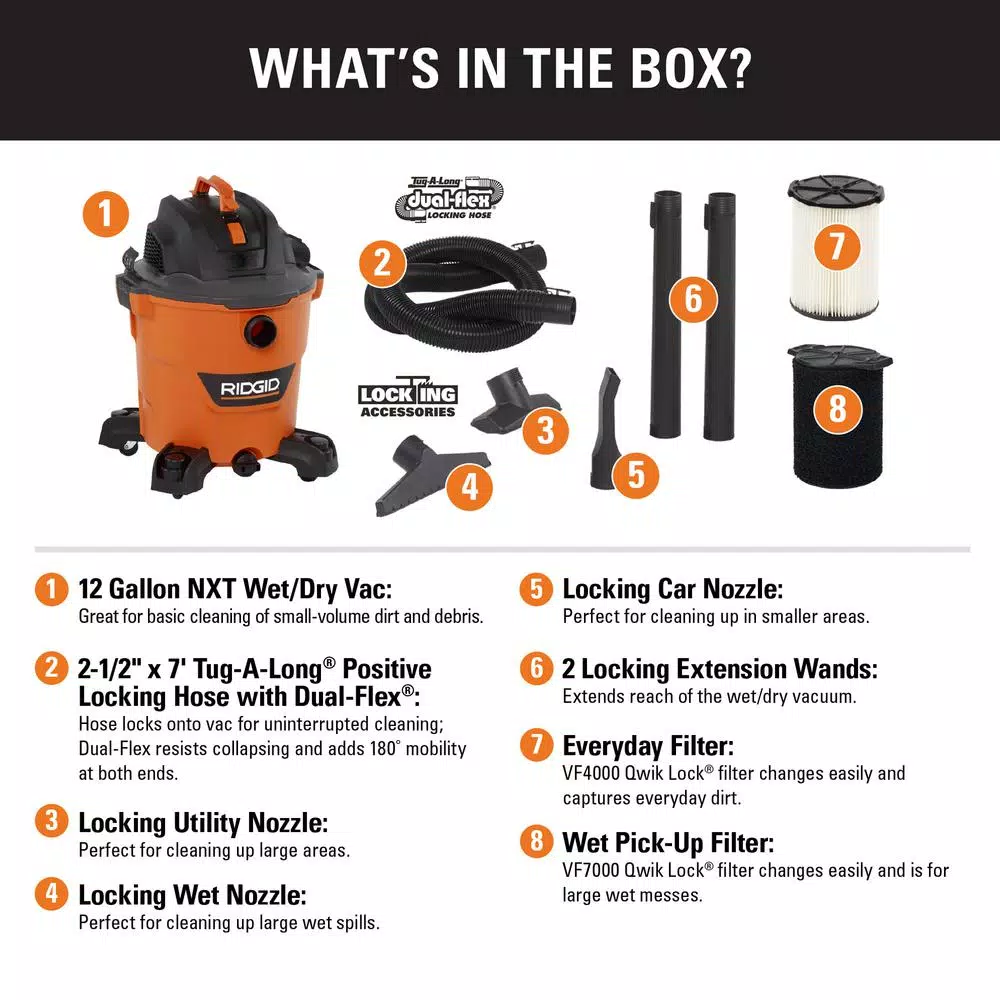 RIDGID 12 Gal. 5.0 Peak HP NXT Wet/Dry Shop Vacuum with 2.5 in. Locking Accessories
