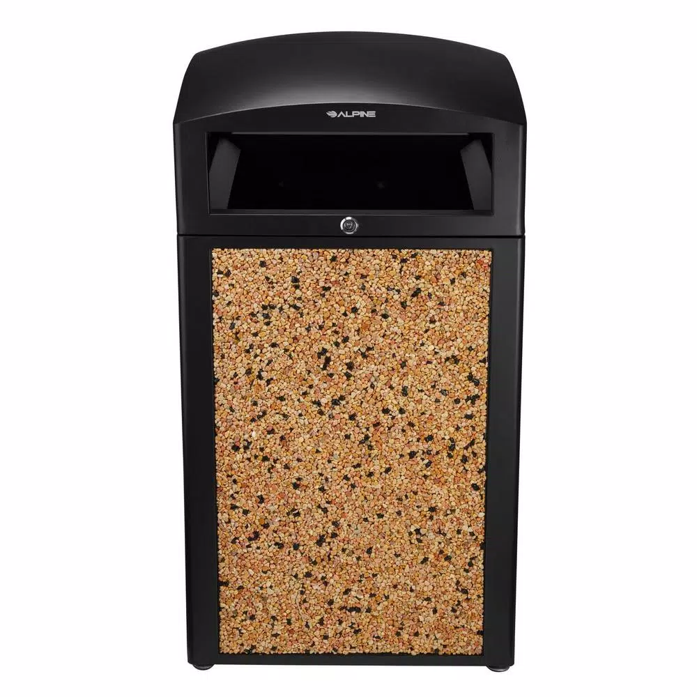 Alpine Industries 40 Gal. Steel Stone Panel Outdoor Commercial Trash Can with Lockable Lid