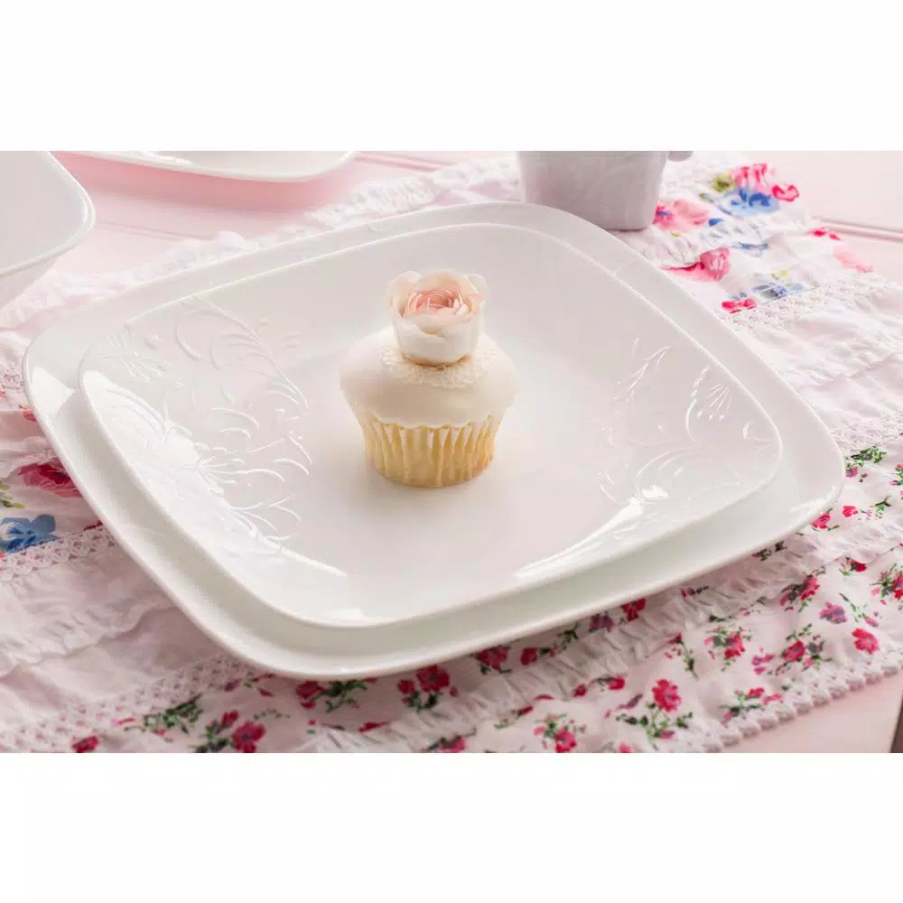 Corelle Boutique 16-Piece Cherish Porcelain Dinnerware Set, White Embossed Floral, Service for 4