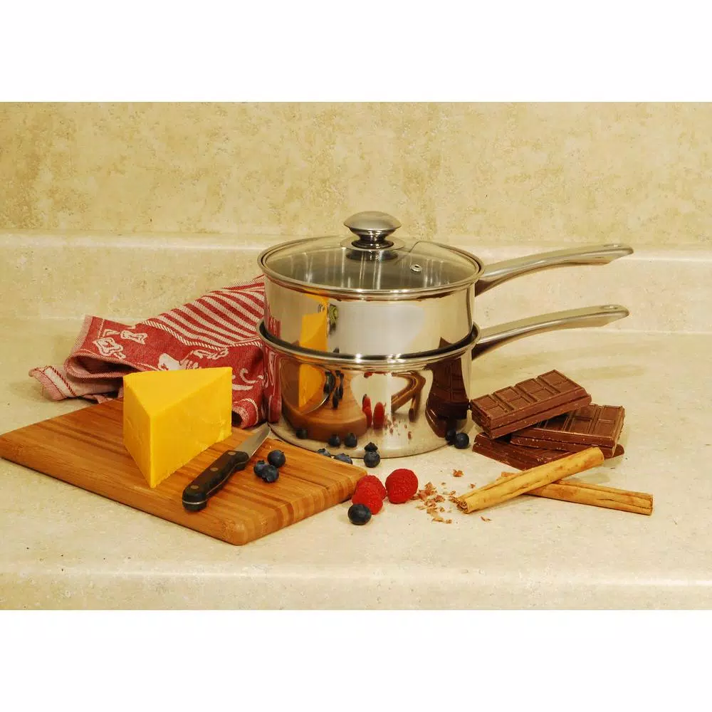 ExcelSteel 3-Piece 2.5 Qt Stainless Steel Double Boiler Set with Tempered Glass Lid
