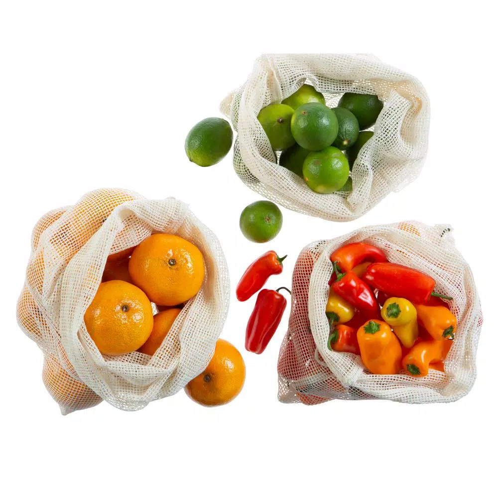 Kitchen Details Natural Cotton Eco Reusable Mesh Produce Bags, 3-Pack