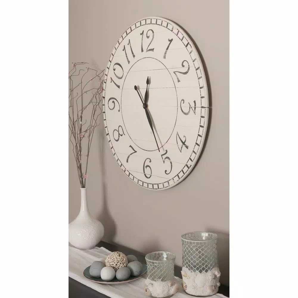 BrandtWorks 24 in. Oversized Antique White Farmhouse Wall Clock - Distressed Wood