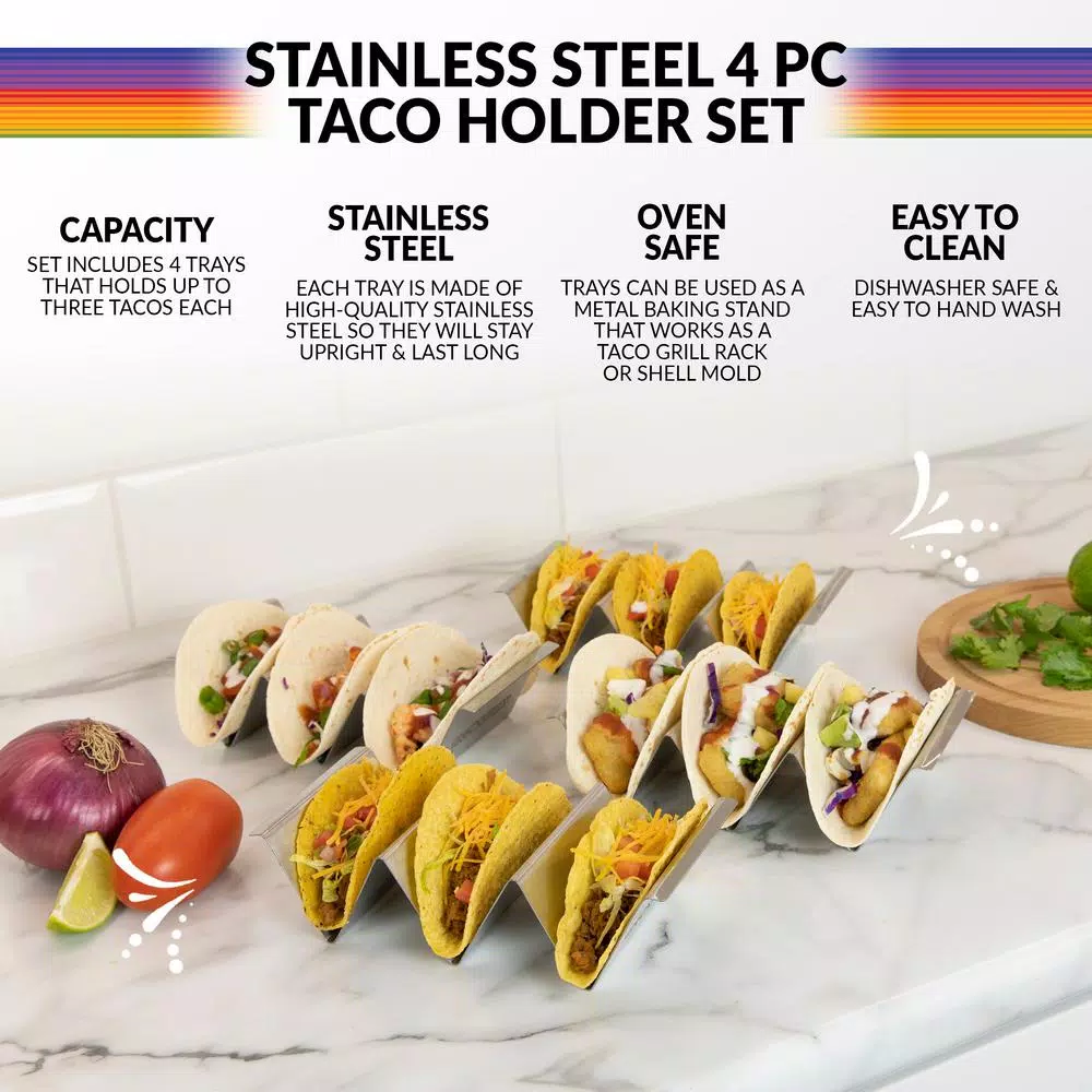 TACO TUESDAY Stainless Steel Rectangular Taco Holder Trays, 8.25 in. (Set of 4)