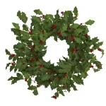 Nearly Natural Inc. 24 in. Holly Berry Artificial Wreath, Pre-Decorated Greenery thumbnail 1