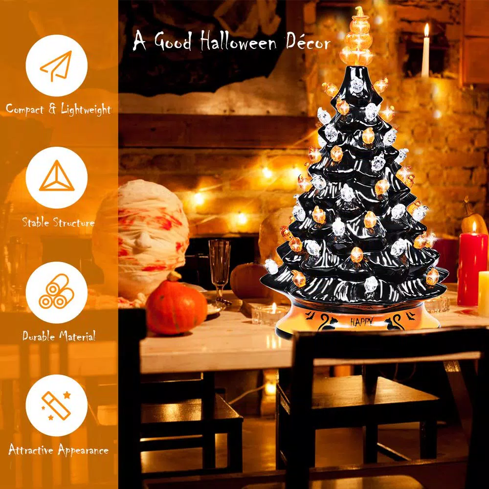 Costway 15 in. Black Ceramic Hand-Painted Halloween Tree with LED Lights and Pumpkin Top