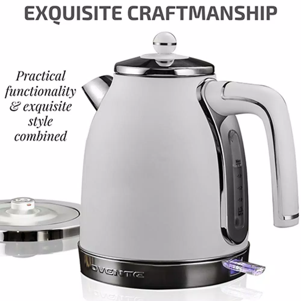 Ovente KS777 1.7L Electric Kettle, 1500W Stainless Steel Water Boiler with Auto Shut-Off and Removable Filter, White