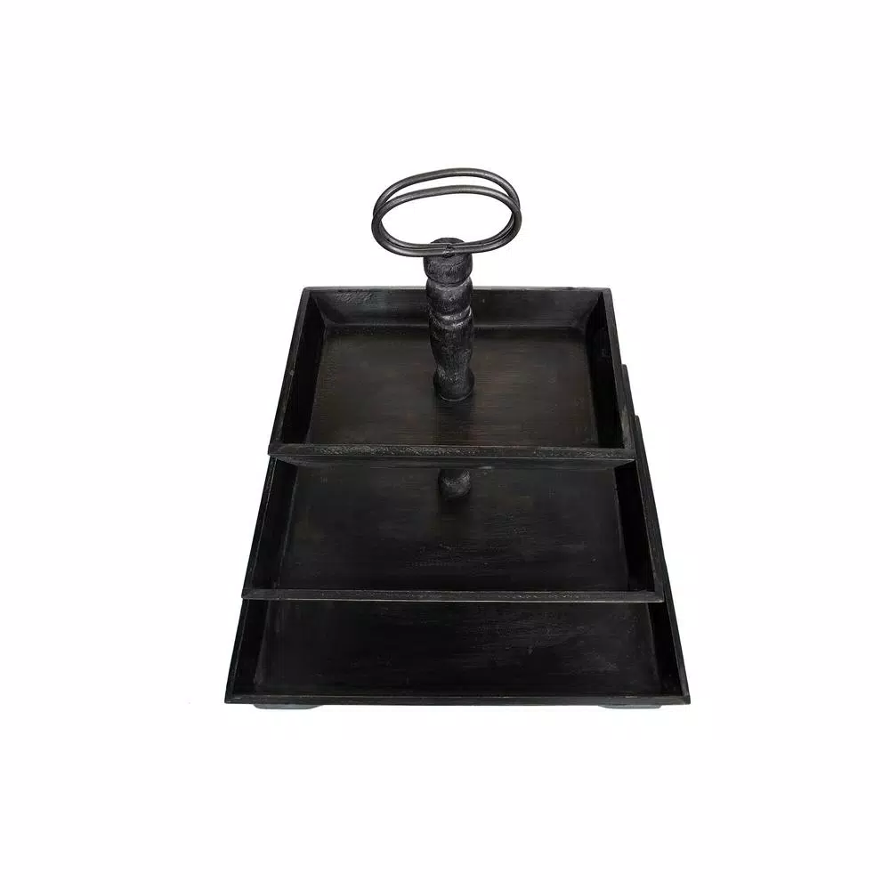 3R Studios Black Wood Three Tier Decorative Tray with Handles