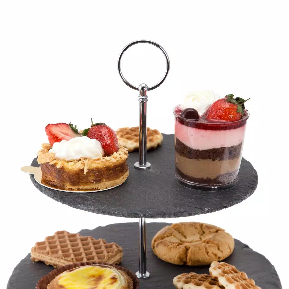 Creative Home 2-Tier Natural Black Slate Cake Stand with Zinc Alloy Handles - 12 inch Round Dessert Serving Tray
