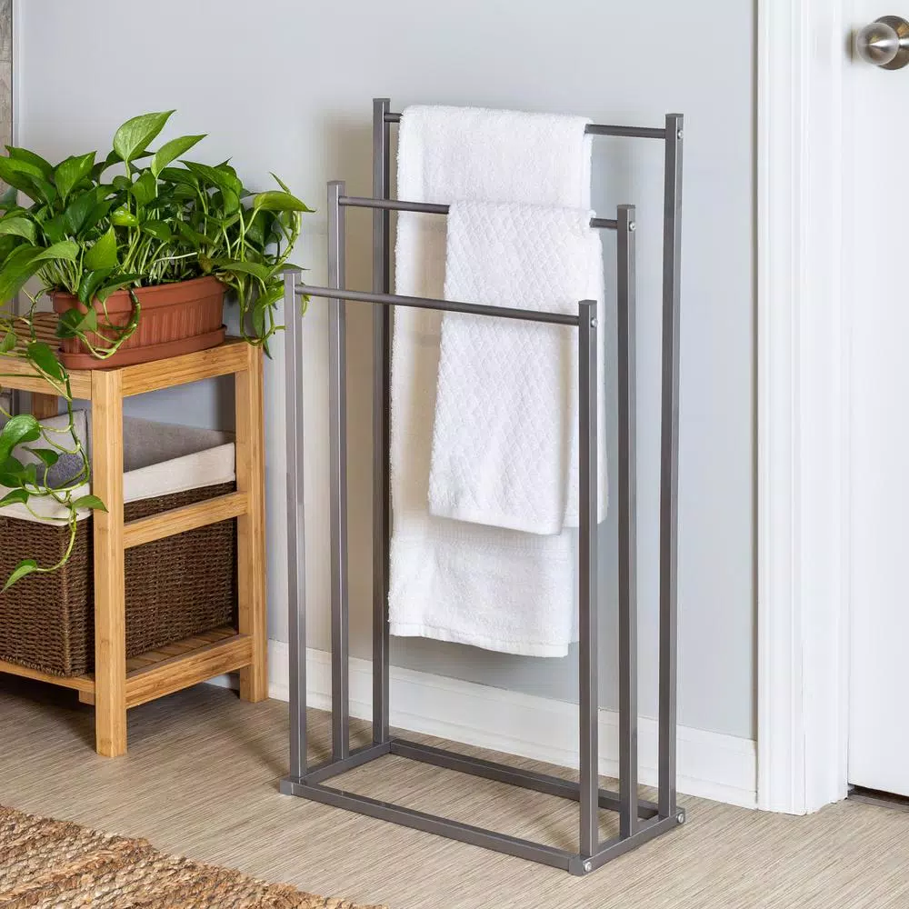 Honey-Can-Do Silver 3-Tier Freestanding Bathroom Towel Rack, Modern Angular Steel Design