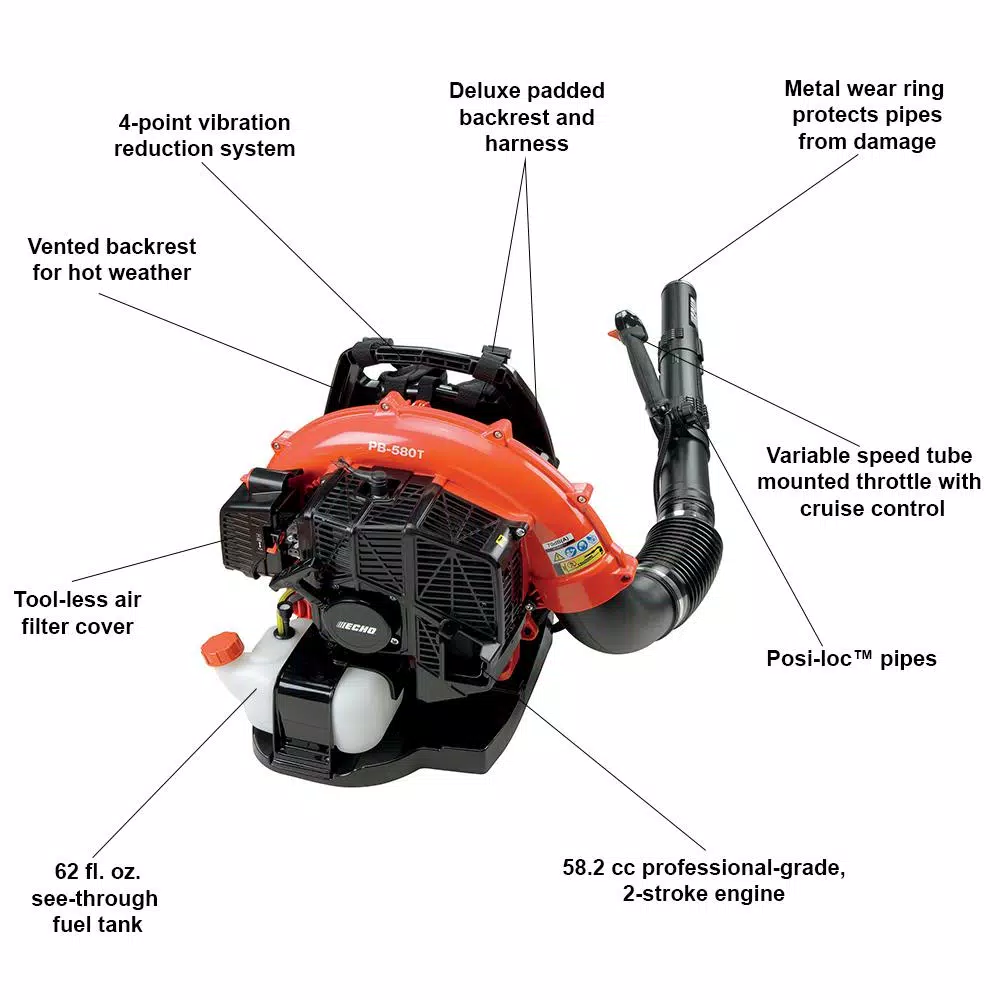 ECHO PB-580T 58.2cc Gas Backpack Leaf Blower, 517 CFM, 216 MPH