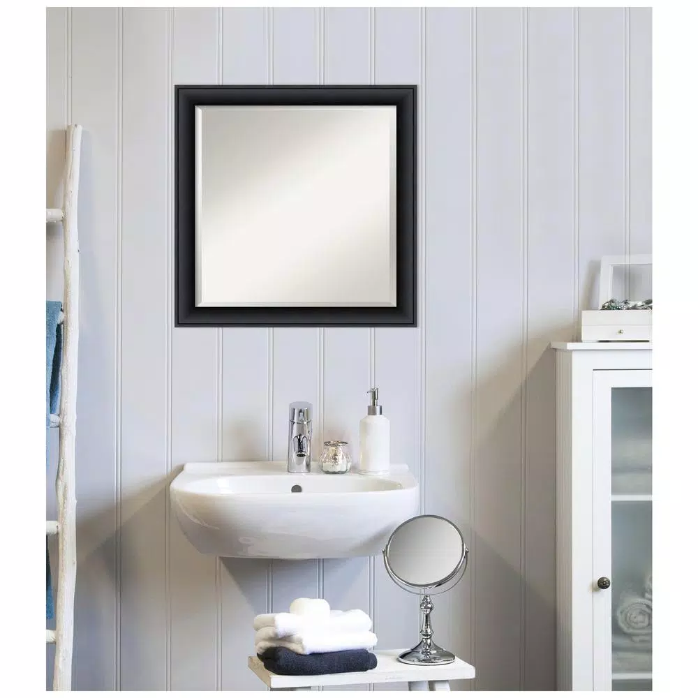 Amanti Art Nero 23 in. Square Beveled Edge Bathroom Vanity Mirror, Black Satin Wood Frame